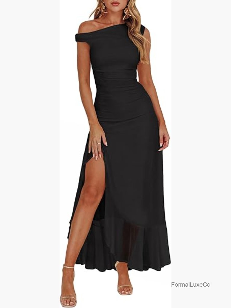 Off Shoulder Formal Maxi Dress Bodycon Ruched Split Sleeveless Slim Fit